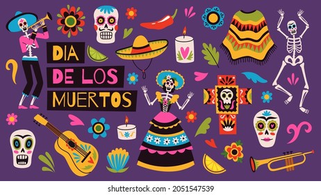 Day of dead elements. Holiday mexican decor, traditional ornaments, sugar skulls, dancing skeletons, sombreros and ponchos, dia de los muertos, decorative vector cartoon flat isolated set