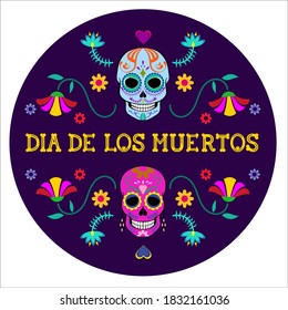 Day of the dead elements round vector composition on a dark background 