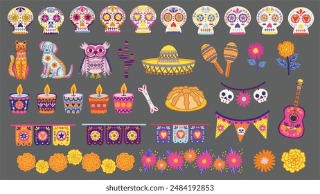 Day of the Dead elements set. Dia De Los Muertos. Mexican culture and tradition. Sugar skulls, calavera, ofrenda candles, and other festive elements. Hand drawn vector illustrations.