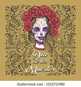 Day of The Dead Emblem. Woman with sugar skull makeup on a floral background and spnish wording Dia de los Muertos what means Day of The Dead. Vector illustration