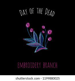 Day of the Dead: embroidery branch element for decoration traditional mexican holiday. Hand drawn illustration in watercolor style on black background. 