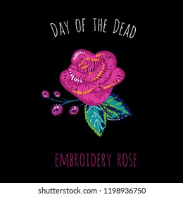 Day of the Dead: embroidery rose element for decoration traditional mexican holiday. Hand drawn illustration in watercolor style on black background. 