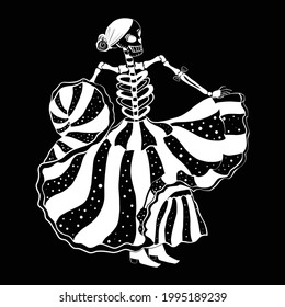 Day of the dead, female skeleton in dancing dress, white outline drawing on a black background. Traditional Mexican holiday Dia de los Muertos 

