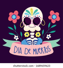 day of the dead, female skeleton with earrings with flower and ribbon Traditional mexican celebration vector illustration