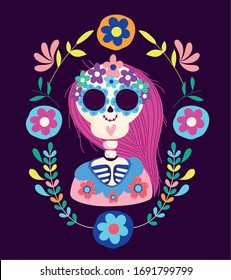 day of the dead. female skeleton with flowers of folklore from traditional mexican celebration. vector illustration