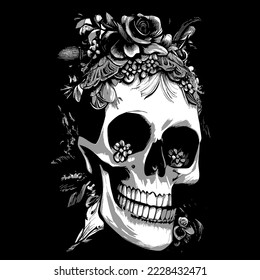 day of the dead female skull hand drawn vector black and white clip art

