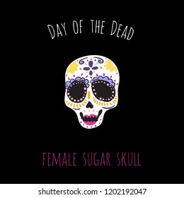 Day of the Dead: female sugar skull element for decoration traditional mexican holiday. Hand drawn illustration in watercolor style on black background. 