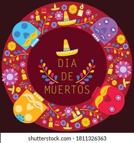 Day of the dead festival, banner with colorful Mexican flowers. Fiesta, holiday poster, party flyer, funny greeting card