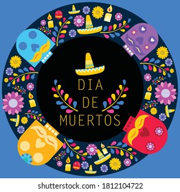 Day of the dead festival, banner with colorful Mexican flowers. Fiesta, holiday poster, party flyer, funny greeting card