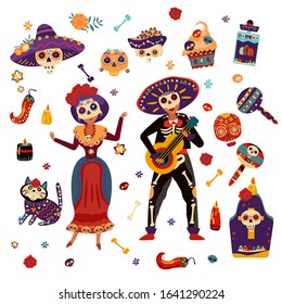 Day of dead festival celebration vector illustration. Mexican woman dancing and man playing guitar in skeleton skull costumes flat isolated on white background.