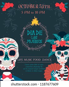 Day of the dead festival invitation poster with skeleton, Mexican traditional holiday. Mexican wording translation: "Day of the dead". Editable vector illustration
