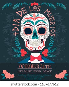 Day of the dead festival invitation poster with skeleton, Mexican traditional holiday. Mexican wording translation: "Day of the dead". Editable vector illustration