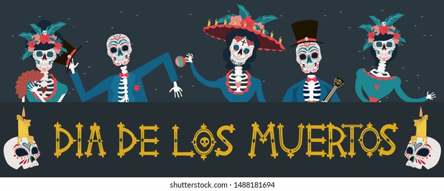 Day of the dead festival poster with skeleton. Mexican traditional holiday. Mexican wording translation: "Day of the dead". Editable vector illustration.