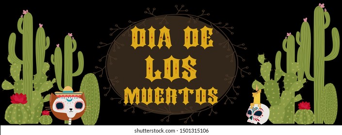 Day of the dead festival poster with skeleton. Mexican traditional holiday. Mexican wording translation: "Day of the dead". Editable vector illustration.