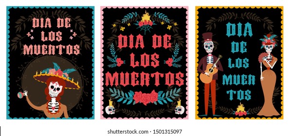 Day of the dead festival posters set with skeleton. Mexican traditional holiday. Mexican wording translation: "Day of the dead". Editable vector illustration.