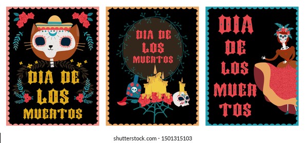Day of the dead festival posters set with skeleton. Mexican traditional holiday. Mexican wording translation: "Day of the dead". Editable vector illustration.