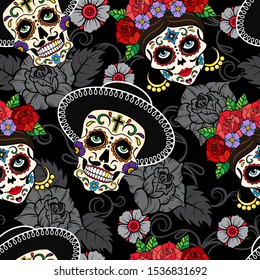 Day of the dead. Festive seamless vector pattern with male and female sugar skulls on dark background.