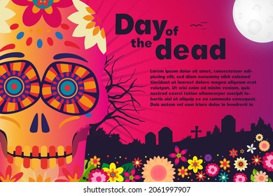 The day of the Dead. The Fiesta de Muertos are shown to cemeteries, tombs and altars adorned with candles, flowers, colorful skulls, bread and wine in honor of the ancestors. Design to use in the day 