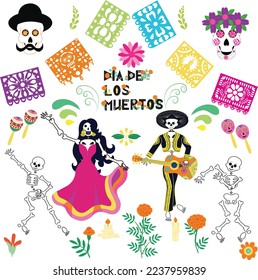 Day of the dead, fiesta Dia de los Muertos, skeleton in Mexican costumes and sombrero, music and dancing. Vector illustration.