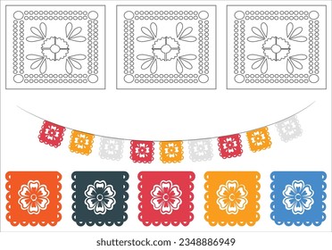 Día de la Bandera Muerta. Dia de los muetros. Papel Picado. Banner horizontal vectorial con banderas tradicionales mexicanas de corte de papel. Aislado. Día de los Muertos. Dia de los muetros. Papel Picado. Vector 2304