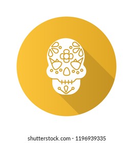 Day of the Dead flat design long shadow glyph icon. Skull with floral ornament. October 31st. Dia de Muertos. Vector silhouette illustration