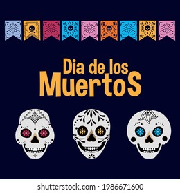 Day of the dead flat style vector illustration. Dia de los Muertos traditional holiday design template with skulls and flags. Fiesta, holiday template for poster, banner, greeting card