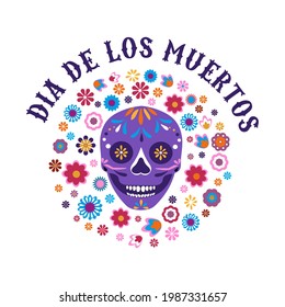 Day of the dead flat style vector illustration. Dia de los Muertos traditional holiday design template with skull and mexican flowers. Fiesta, holiday template for poster, banner, greeting card