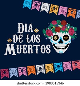 Day of the dead flat style vector illustration. Dia de los Muertos traditional holiday design template with skulls and flags. Fiesta, holiday template for poster, banner, greeting card