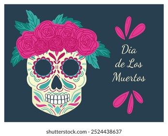 Day of the dead flat style vector hand drawn illustration. Dia de los Muertos traditional holiday design with decorated skull with roses wreath. Holiday design, poster, banner, greeting card