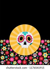 Day of the dead floral design, mexican tradition, colorful sugar skull with black background 