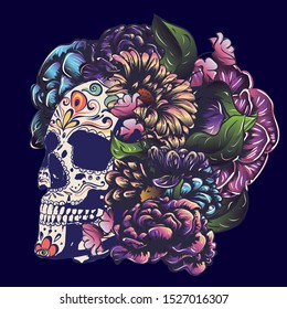 Day of the dead floral sugar skull with flowers colorful design.