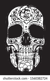 Day of the dead floral sugar skull design in black and white.