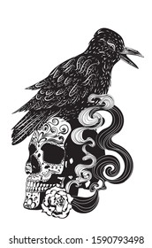 Day of the dead floral sugar skull design in black and white.