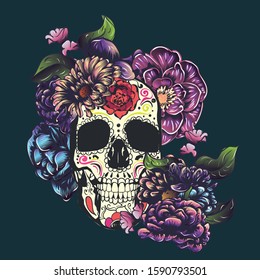 sugar skull and flowers drawing