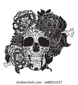 Día del muerto diseño del cráneo de azúcar floral en blanco y negro.