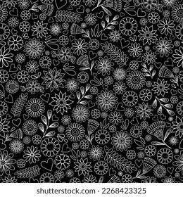 Day of the dead Flower pattern. Doodle flowers on dark backdrop. Colorful flower Day of the dead background. Floral ornament. Dia de los muertos print. Color botanical elements on black. 