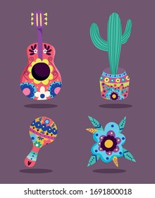 day of the dead. flowers, guitar, cactus and maraca decoration for traditional celebration mexican vector illustration