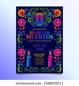 Day of The dead Flyer or Banner with mexican floral folk art  and sugar skull