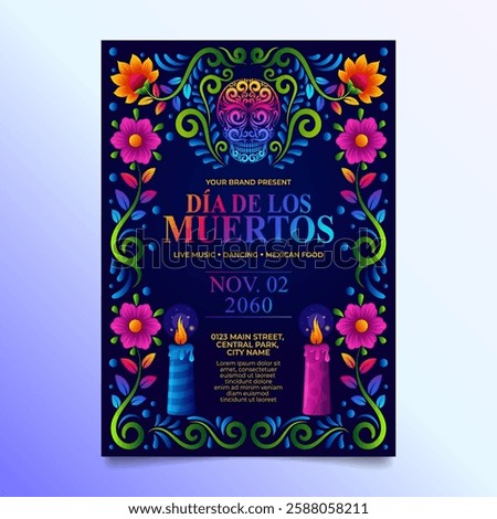Day of The dead Flyer or Banner with mexican floral folk art  and sugar skull