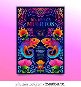 Day of The Dead flyer, Mexican floral folk art with rainbow Chameleon design