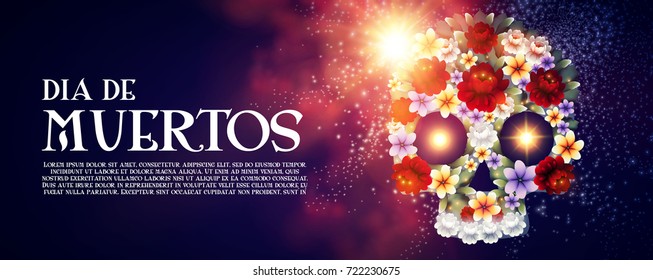 Day of the Dead Flyer Template with Traditional Mexican Scull with Flowers and Light Effects. Dia de los Muertos.Vector illustration
