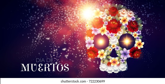 Day of the Dead Flyer Template with Traditional Mexican Scull with Flowers and Light Effects. Dia de los Muertos.Vector illustration
