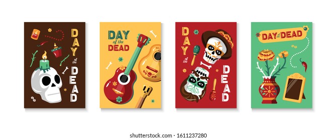 Day of dead four isolated posters with elements of national mexican culture  and holiday attributes cartoon vector illustration 