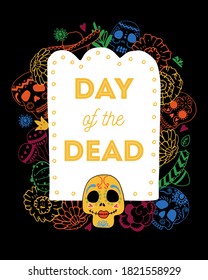 Day of the Dead frame design template. Painted skulls and traditional objects. Hand drawn vector sketch illustration