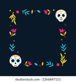 Marco del Día de la Muerte. Marco mexicano con flores y cráneo de calavera. Ilustración vectorial.