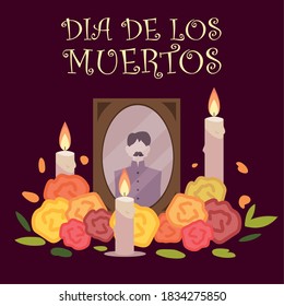 day of the dead, frame photo with candles and flowers mexican celebration vector illustration