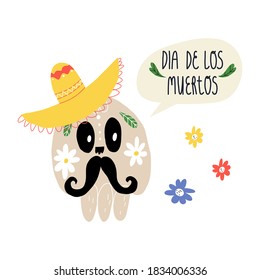 Day of the dead funny greeting banner with sugar skull in sombrero with mustaches and Dia de los Muertos lettering in speech bubble. Vector hand-drawn isolated illustration.