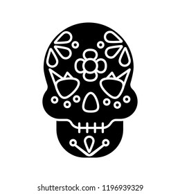 Day of the Dead glyph icon. Skull with floral ornament. October 31st. Dia de Muertos. Silhouette symbol. Negative space. Vector isolated illustration