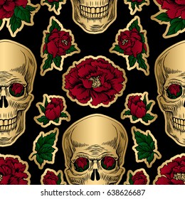 Day of the Dead gold Skull. Peony flower illustration hand drawn. Sticker design. Tattoo style seamless pattern.