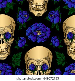 Day of the Dead gold Skull. Peony flower illustration hand drawn. Sticker design. Tattoo style seamless pattern.